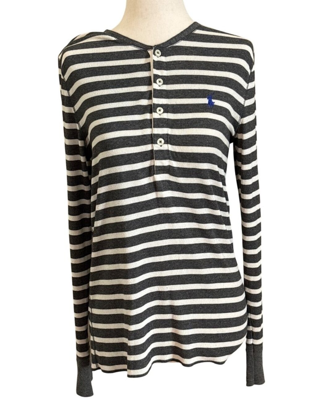 Ralph Lauren Striped Long Sleeve Henley Shirt Womens L Gray & White Cotton Top